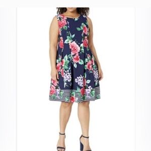 Jessica Howard Woman Sleeveless Navy Blue Floral & Striped Dress Plus Size 18W